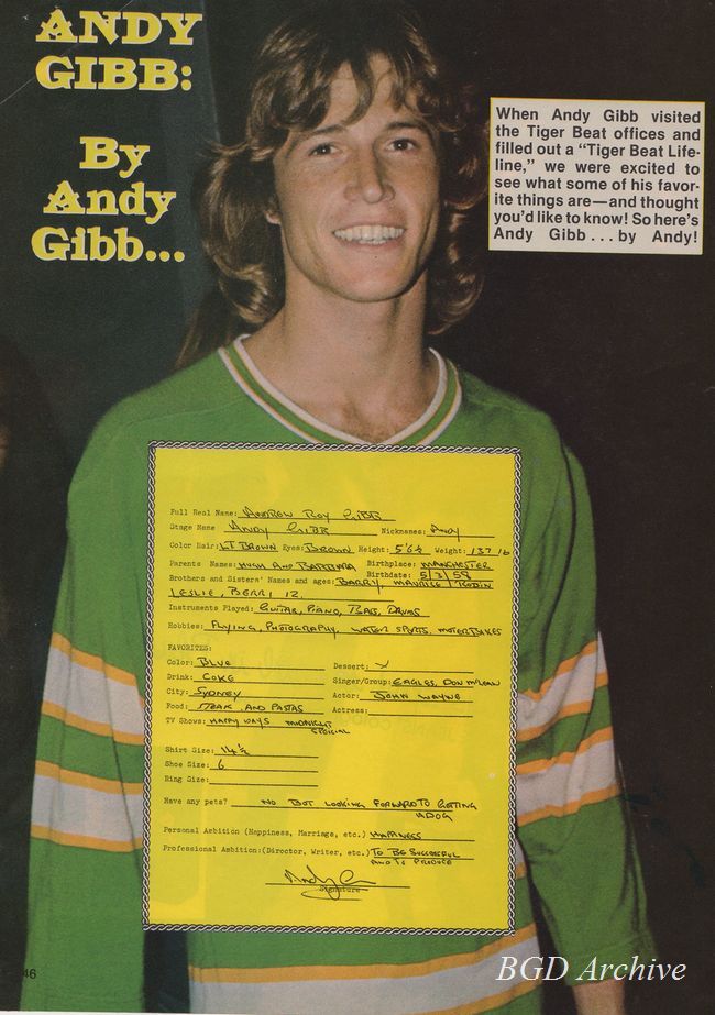 アンディ・ギブが直筆で質問に答えました（1978年） - Bee Gees Days